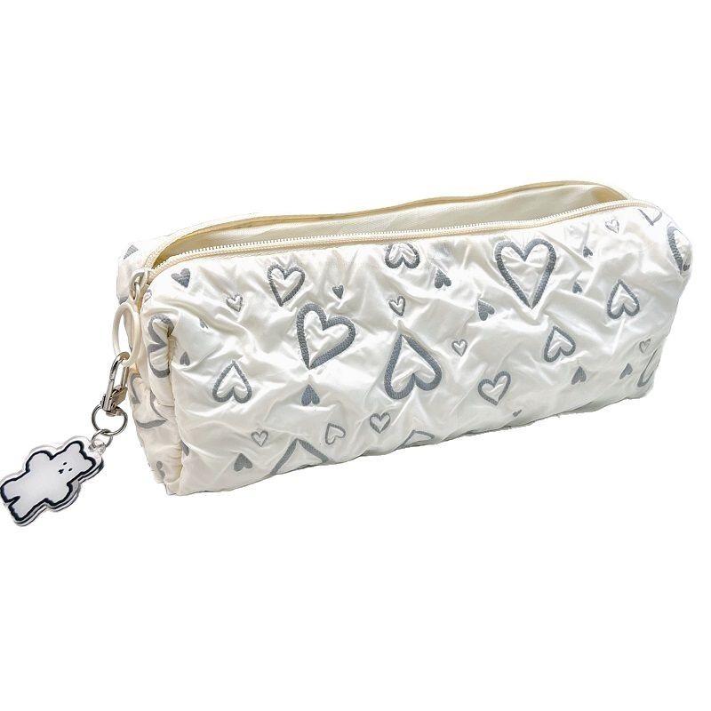 Korean Style Heart Embroidery Pencil Case With Polyester Material For Student Girls And Office Use