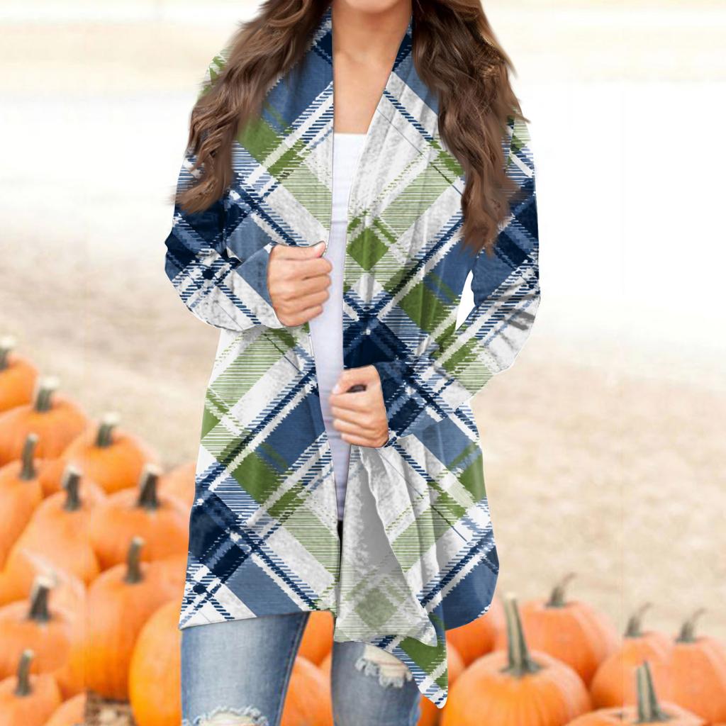 Damska codzienna moda w kratę, kardiganowa kurtka z półotwartym kołnierzykiem, średniej długości, z nieregularnym dołem
