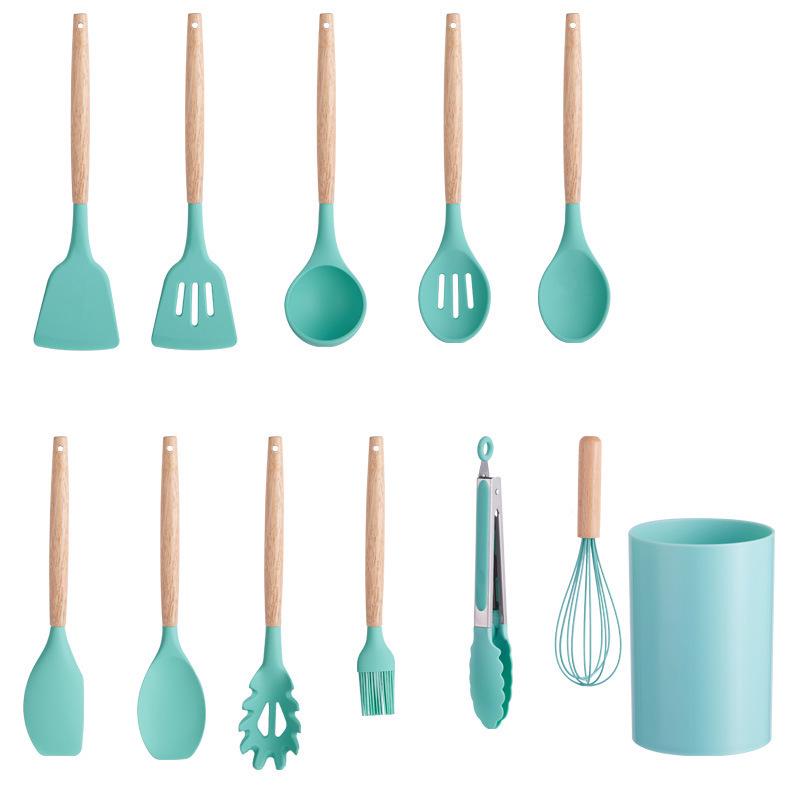 12-Piece Silicone Kitchen Utensil Set - Heat Resistant, Non-Slip Wooden Handles for Baking & Cooking