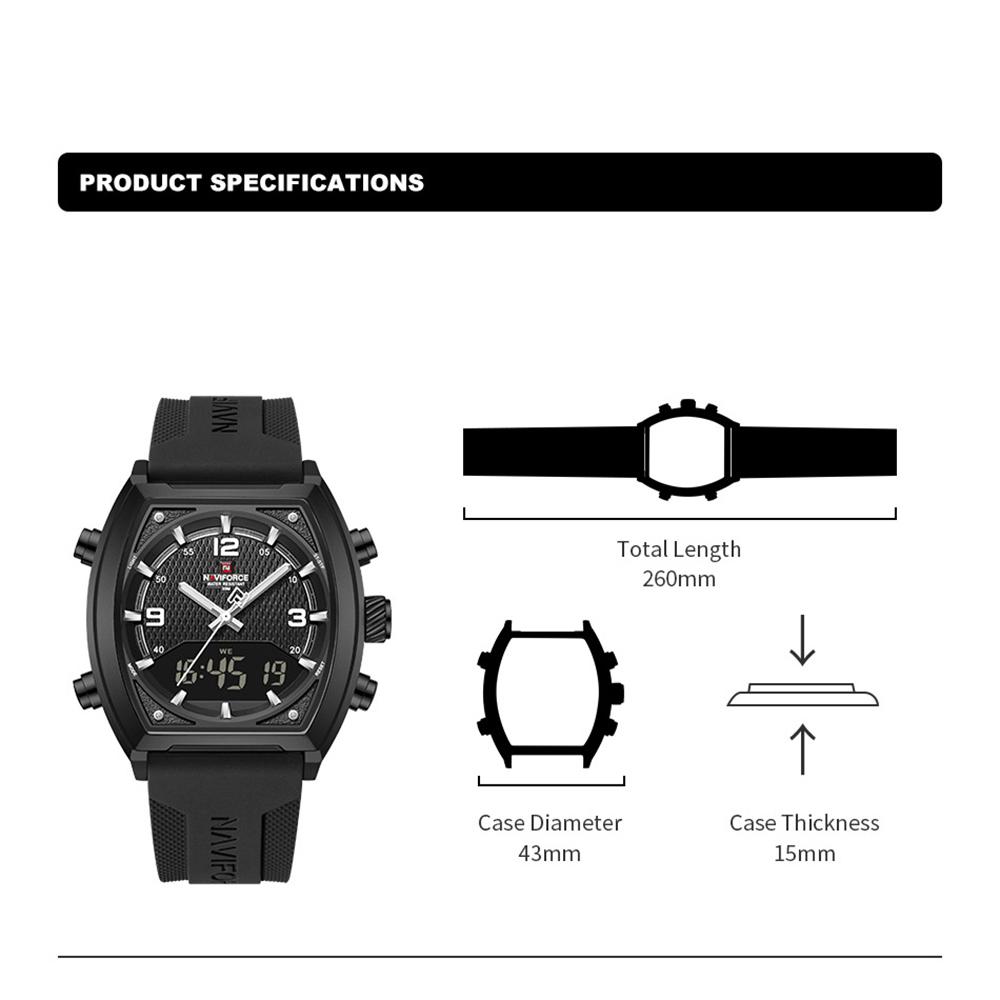 Naviforce Men's Quartz Digital Watch LCD Chronograph Date Luminous Hands 30m Waterproof Silica Strap Sports Outdoor Men's Wristwatch NF9242