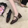 Temperament fashionable French retro word with thick heel shallow mouth Mary Jane shoes women's skirt small leather shoes square head single shoes