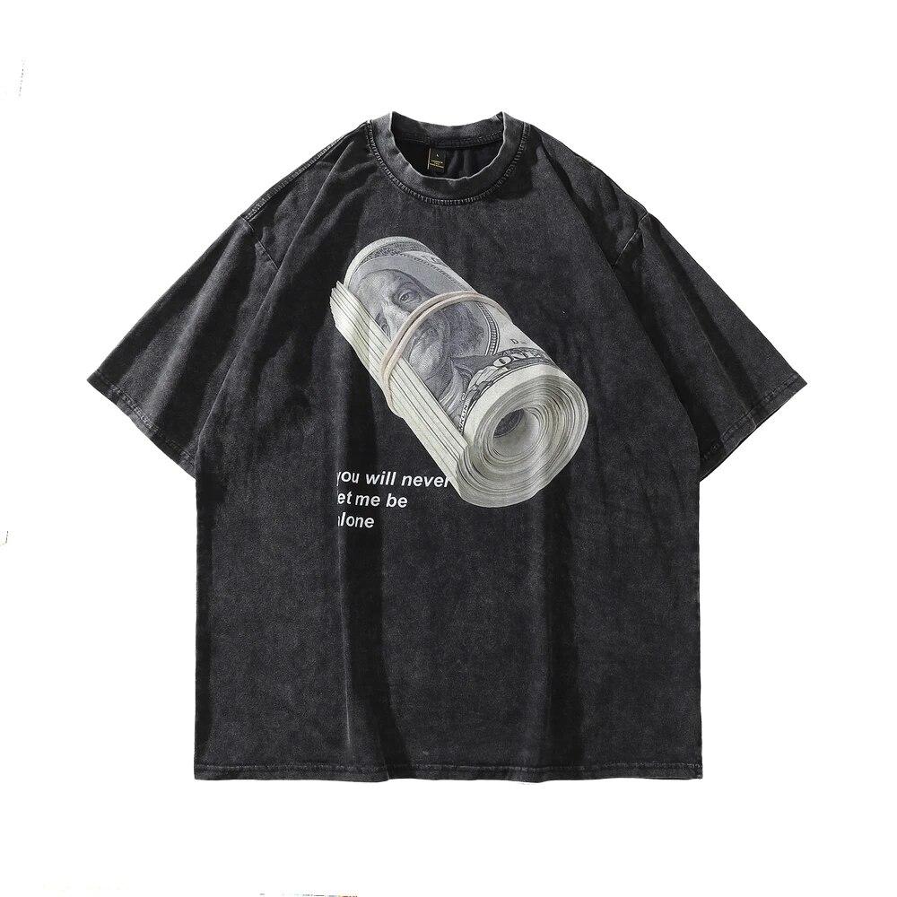 

Vintage Tshirt Men Streetwear Hip Hop Bundle of Banknotes Print Distressed T-Shirt 2022 Harajuku Summer Cotton Washed Tshirt