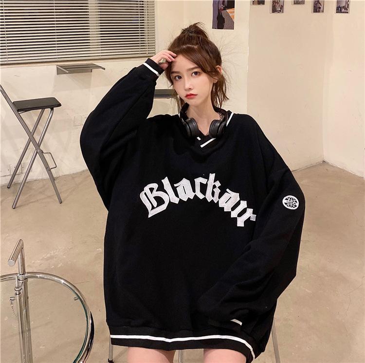 Women V-neck Pullover Tops Loose Long-sleeves Letter Female Y2k Casual All-match Top Clothing