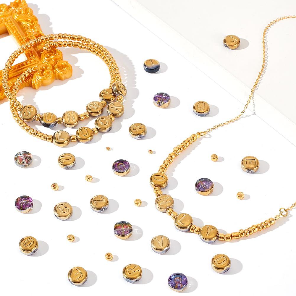 26 Styles Electroplated Glass Bead Flat Round with Letter Gold 1Set Glass Seed Beads Mixed Shapes 4~10x3~5mm Hole: 1~1.2mm