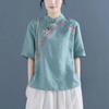 Women's Ethnic Embroidered Cotton Linen Short Sleeve Button-Up Shirt, Retro Artistic Plus Size Top