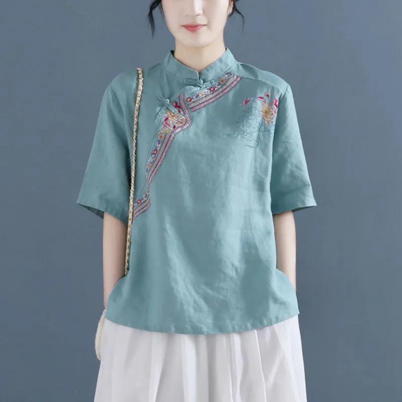 Women's Ethnic Embroidered Cotton Linen Short Sleeve Button-Up Shirt, Retro Artistic Plus Size Top