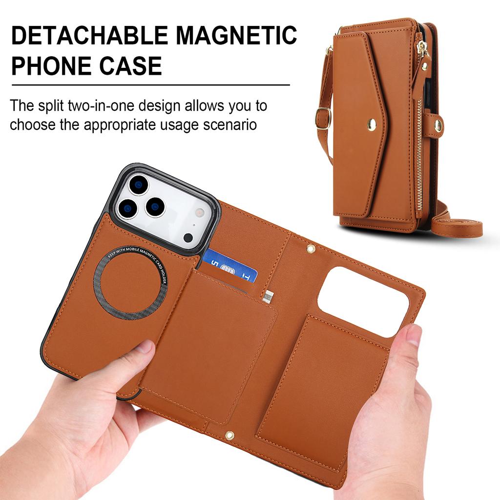 Crossbody Zipper Flip Multi Functional Detachable Wallet Leather Case For iPhone 17 Pro Max 16 Plus 15 14 13 12 11 Strap Cover