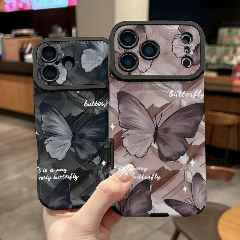 Butterflies Printed Vertical Grain Leather Soft Silicone Phone Case Back Cover with Camera Lens Full Protection for iPhone 17