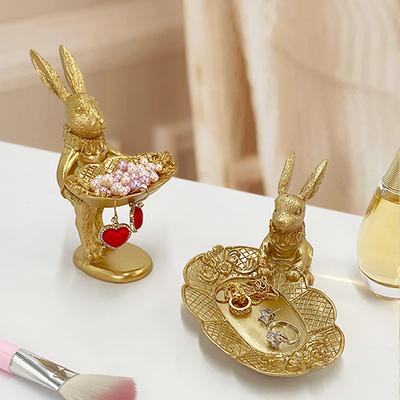 Cute Golden Bunny Figurine Luxury Jewelry Ring Tray Home Desktop Decoration Easter Rabbit Statue Resin Crafts Dresser Ornaments