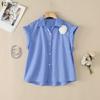 Women Casual Turn Down Collar Loose Short Sleeve Stripe Blouse