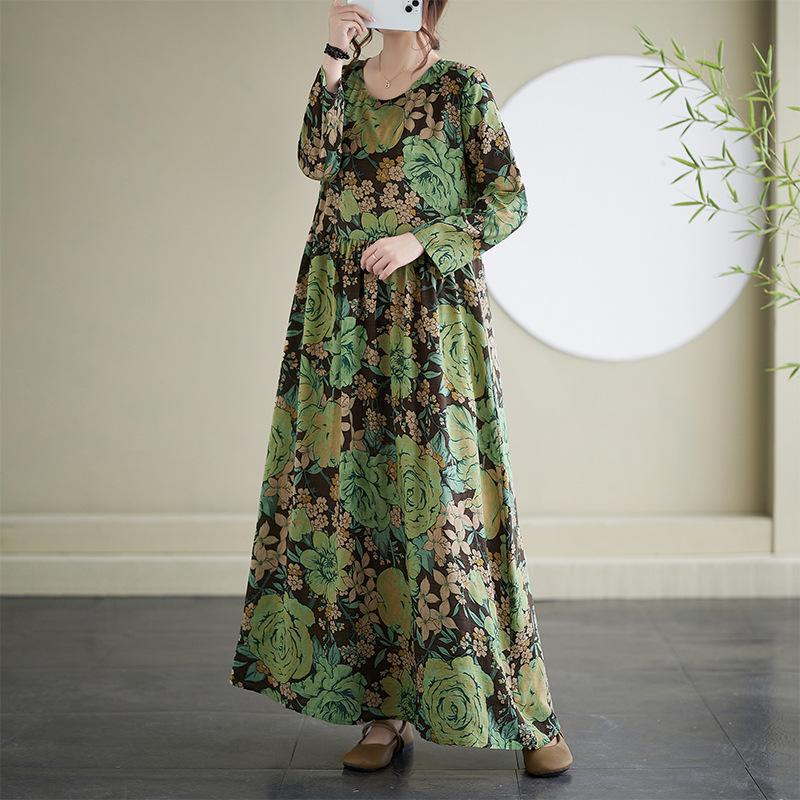 Dress A Variety of Color Holiday Style Travel Round Neck Vintage Flesh-covered Cotton Hemp Long Dress