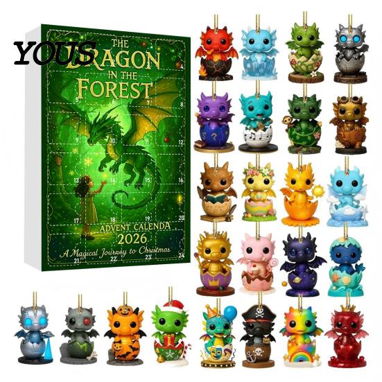 Childrens Holiday Countdown Gift Forest Dragon Advent Calendar, 24 Day Box with Acrylic Hanging Ornaments Ornaments, Festive Tree Decor, Collectible