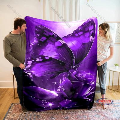 6 Sizes Purple Butterfly and Flower Printed Blanket Warm Soft Home Travel Blanket Sofa Bedding Cover Blankets Gifts for Friends