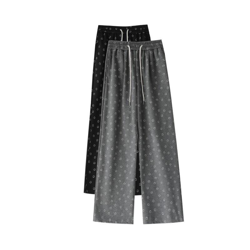 Grey smiley face print lazy wind wide-leg pants women's spring, autumn and winter high waist and thin versatile sports casual pants long pants