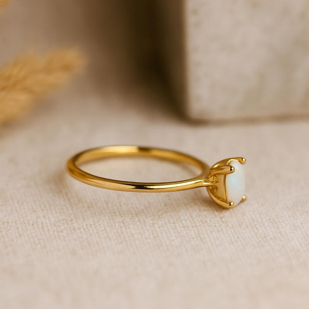 Fire Opal Bridal  Jewelry, Minimalist Solitaire Ring, Yellow Gold Plated Silver, Simple Birthday Gift for Her