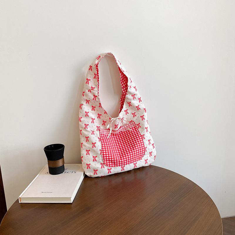 

Sweet Bow College Girls Canvas Shoulder Bags Double Sided Large Capacity Ladies Shopping Bags Plaid Pocket Female Tote Handbags розовый