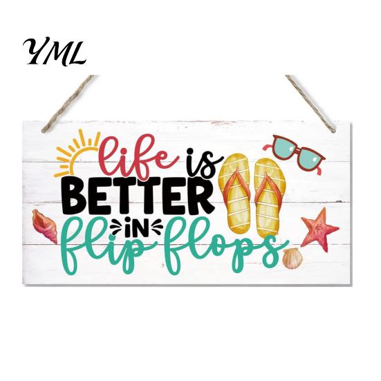 Summer Theme Door Hanger Wood Sign for Front Door, Tropical Beach Hanging Welcome Coastal Wall Art Sign, Rustic Wooden Home Porch Decor Decoration