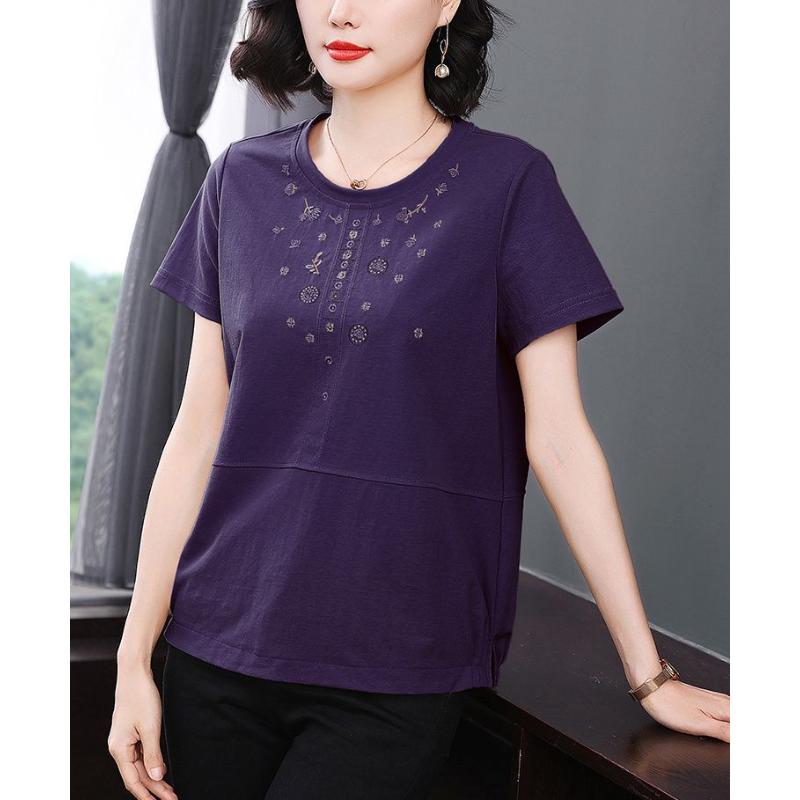 Short Sleeved Summer Clothing New Women's Round Neck Loose Slimming Casual Embroidered Short Sleeved All Match T-shirt