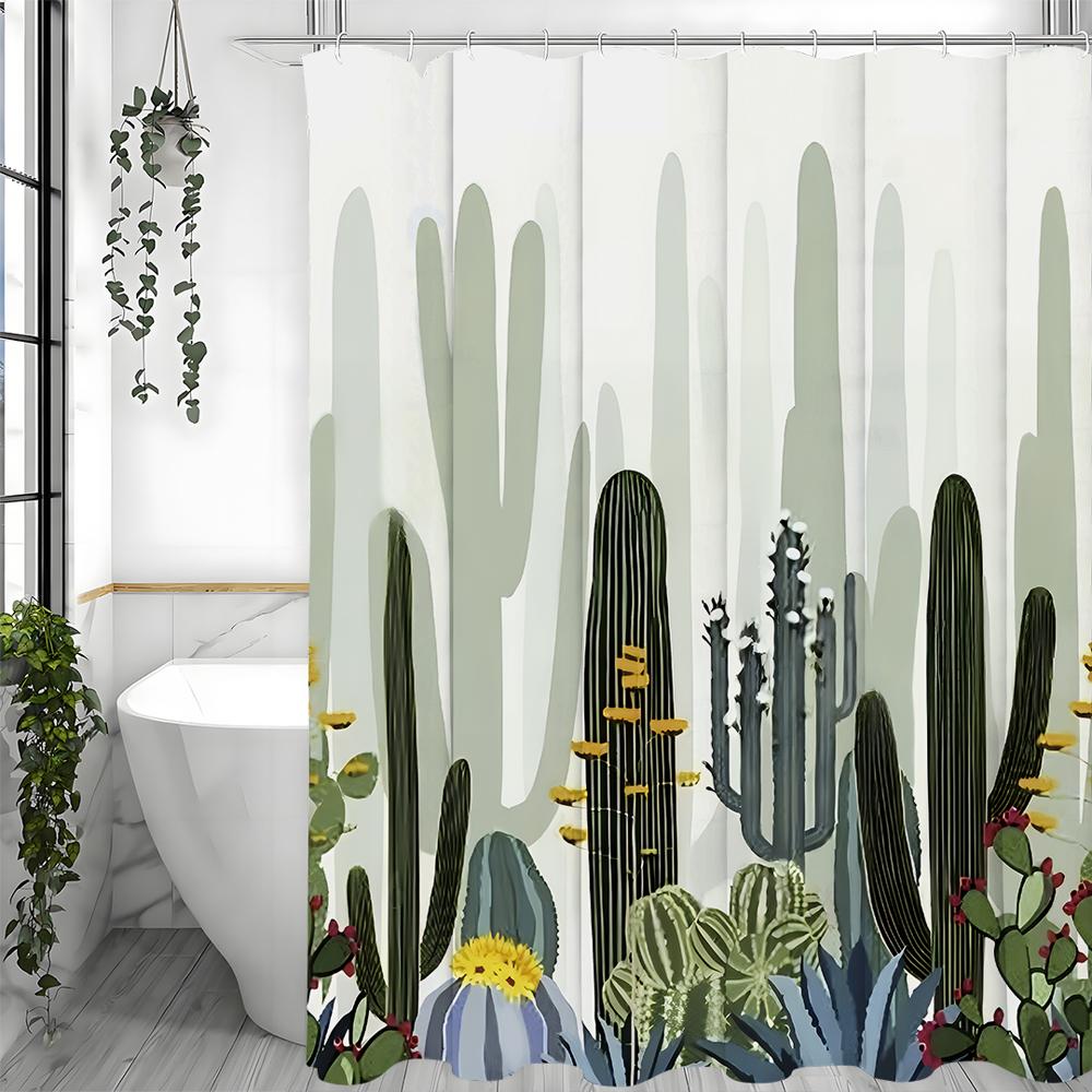 Cactus Flower Plant Shower Curtain, Bathroom Decorative Shower Curtain, Waterproof Shower Curtain with Hooks
