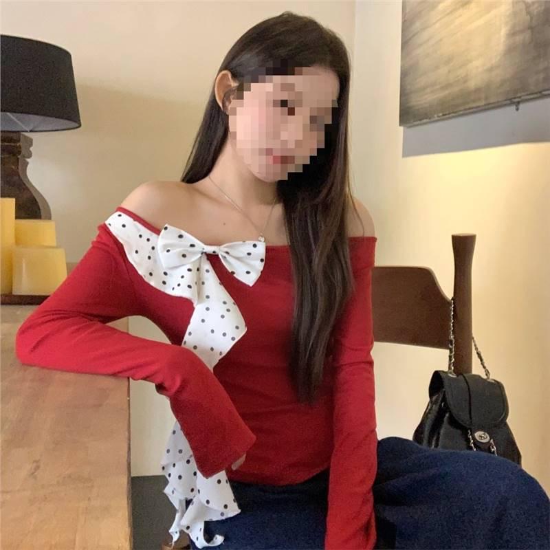 

Off-Shoulder Bow Long Sleeve Red Top - Slim Fit, Chic & Sweet Design S червоний