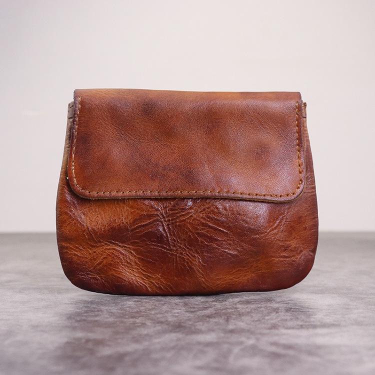 Vegetable Tanned Leather Coin Purse, Women's Bag, Lid Style Large Capacity Card Bag, Storage Bag, Used Pleated Bag