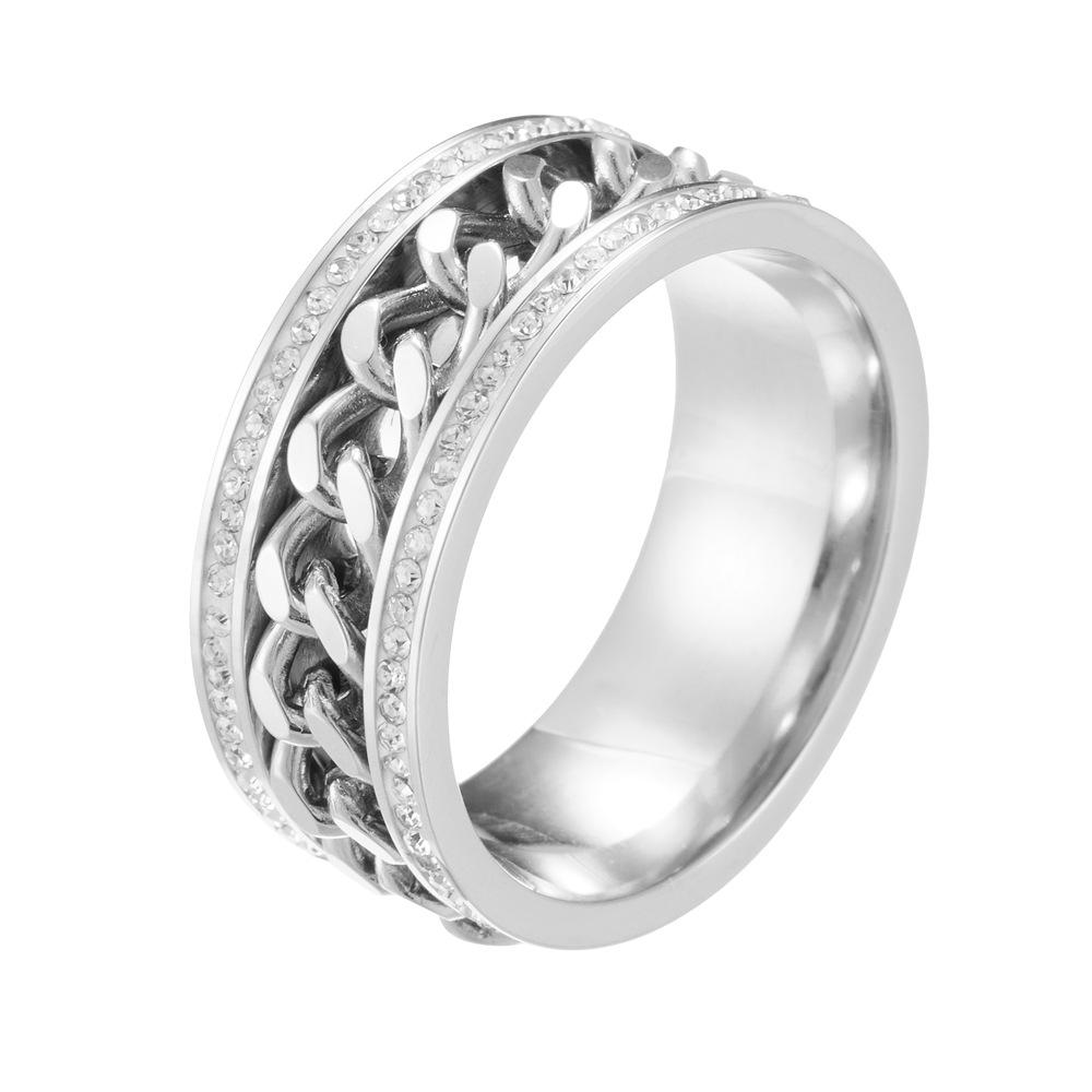 New Korean Version of Titanium Steel Men s and Women s Fashion Ring, Stainless Steel Rotatable Chain Double Row Diamond Ring Women 6