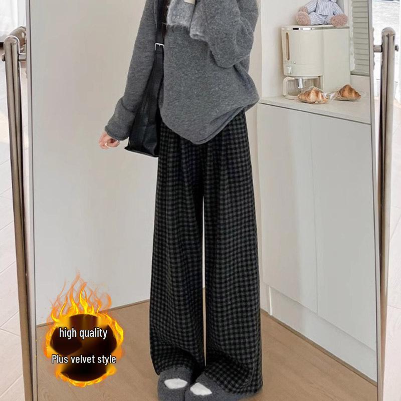 Women's Retro Plaid Wool Fleece-Lined Wide-Leg Pants - Casual Loose Fit for Autumn and Winter