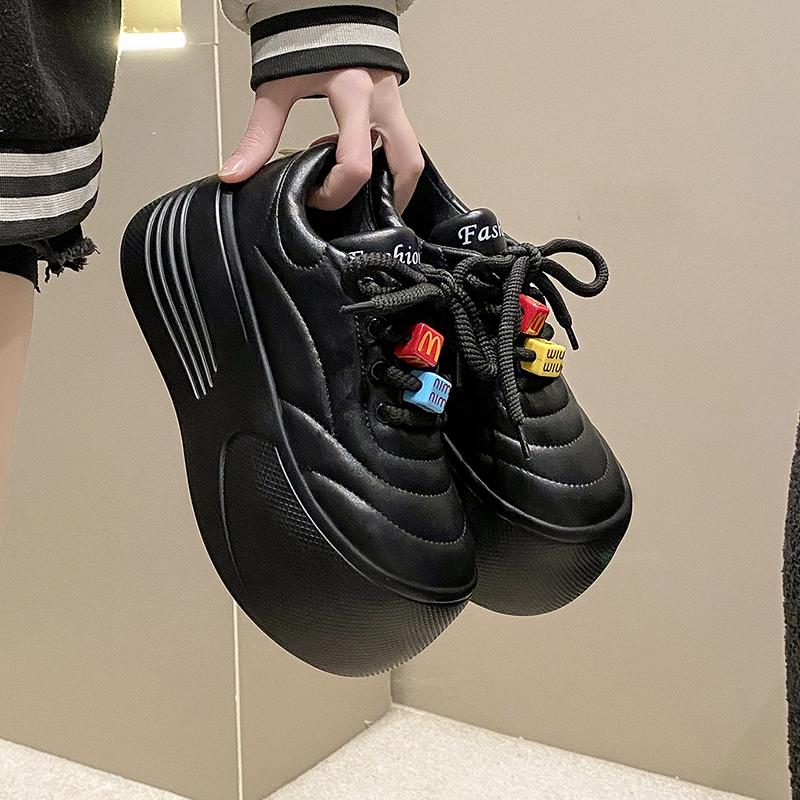 Fashion 7CM Spring Women Chunky Leather Sneakers High Platform Female Trainers Wedge Casual Shoes New Autumn Lace-up Sports Shoes Woman