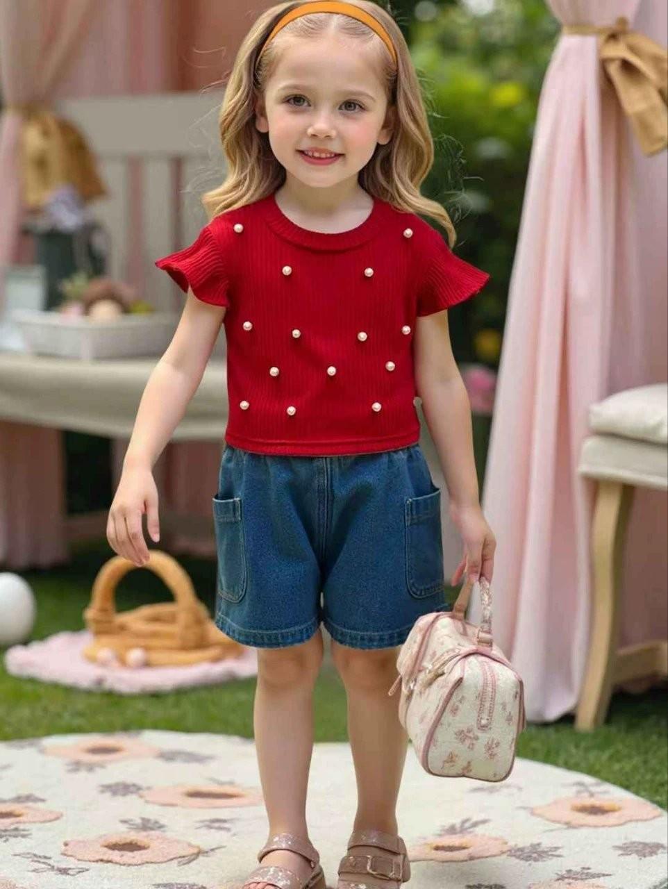 

Girls Beaded Sleeveless Top & Jeans Two-Piece Set 80 зелёный