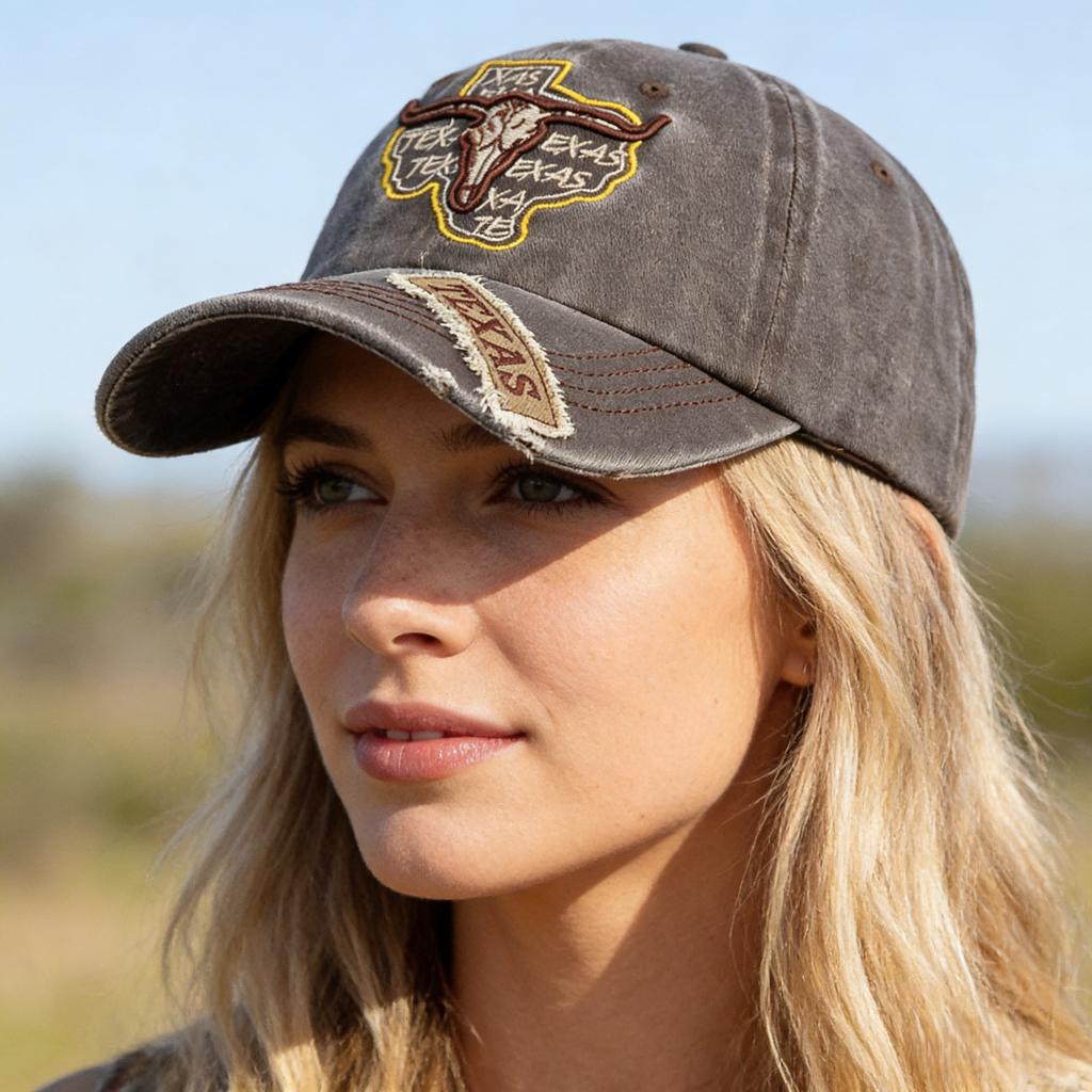 Unisex Praná Bavlněná Vintage Čepice Klasická Čepice TEXAS s Výšivkou Hlavy Býka Baseballová Čepice Venkovní Táta Klobouk Pro Muže Ženy