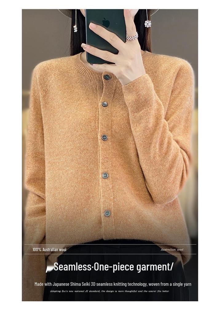 Women's Osmanthus Stitch Wool Cardigan - Round Neck, Loose Fit, Button-Up, Casual Knitwear Outerwear