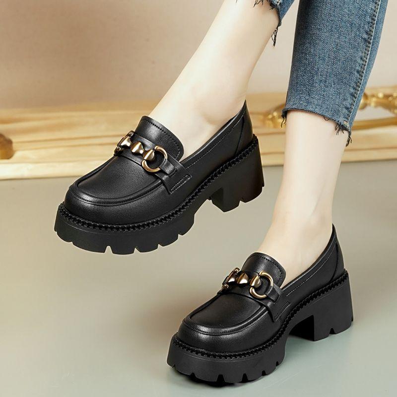 Spring And Autumn Platform Loafers Women'S Thick Sole Shoes Fashion Soft Height Increase Leather Shoes Footwear