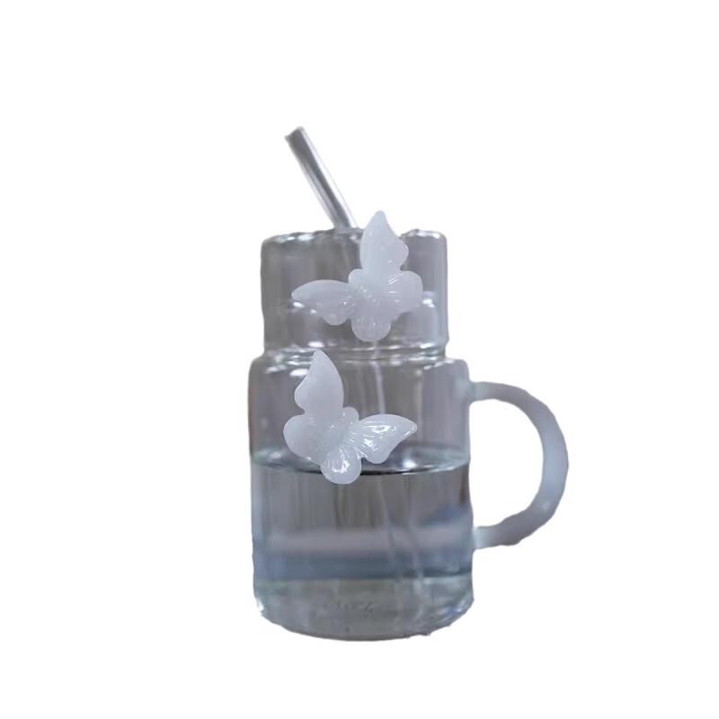 ZISIZ Pink Butterfly Glass Straw Cup Set