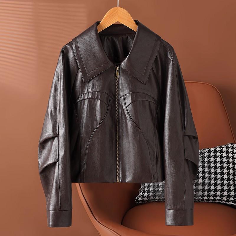 Womens Short Lambskin Leather Jacket Loose Fit Casual Chic Coat No Hood Flip Collar 2026