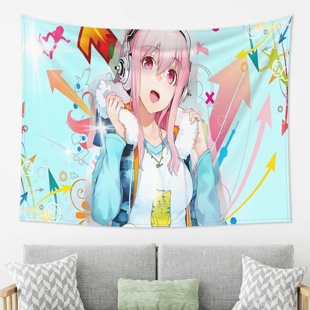 1pc Super Sonico Tapestry Anime Wall Hanging Aesthetic Room Decor Cool Room Stuff Pink Girl Background Cloth for Bedroom Dorm