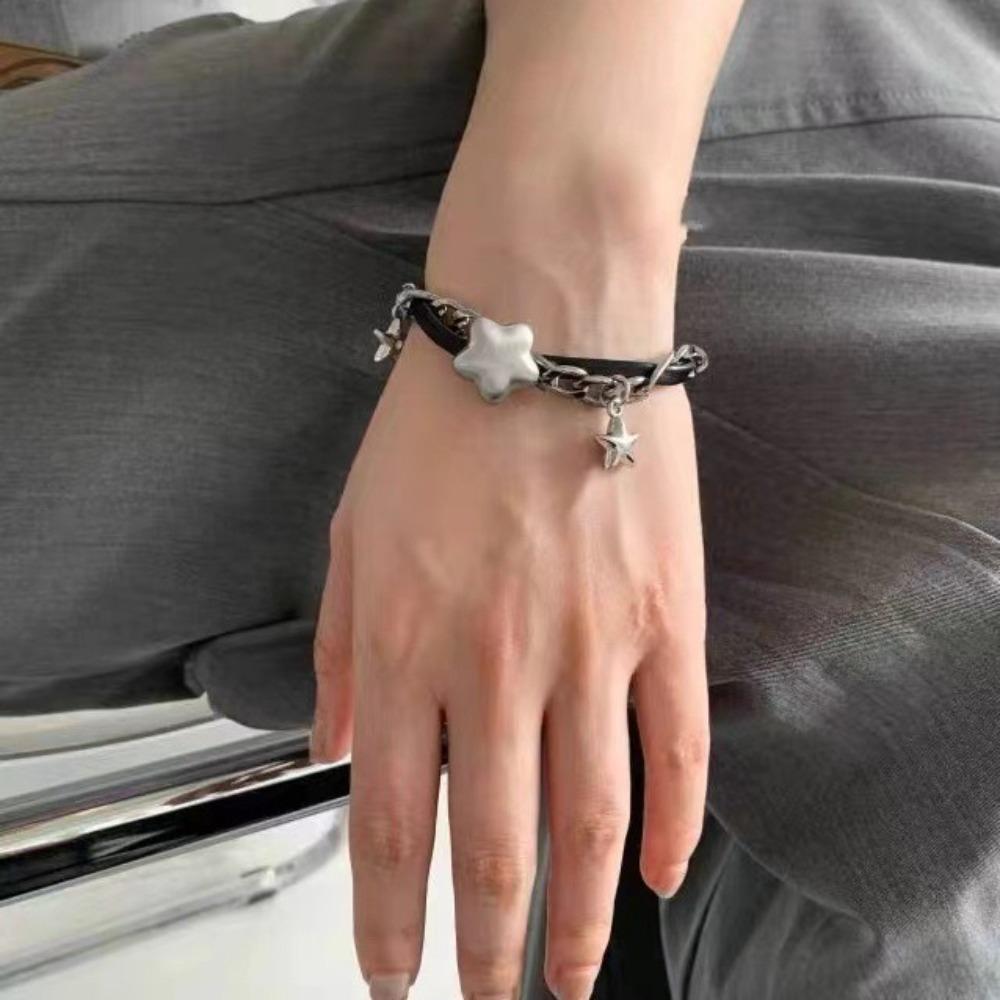 Y2K Silver Color Fat Star Zircon Stars Tassels Black Leather Winding Metal Chain Chokers Necklace Bracelets for Women Jewelry