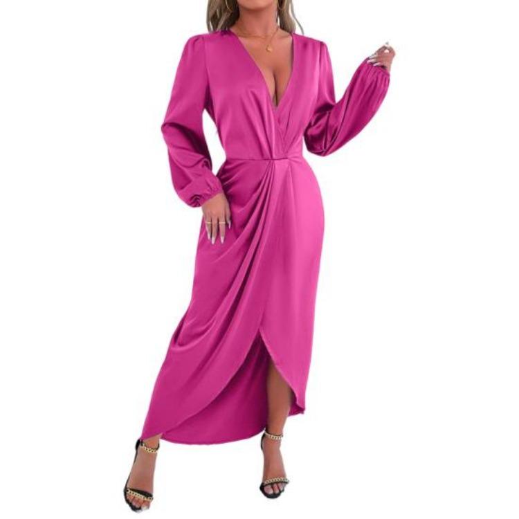 Women Long Sleeve Satin Wrap V Neck Maxi Dress High Slit Evening Gown Party Cocktail Dress S розы красного
