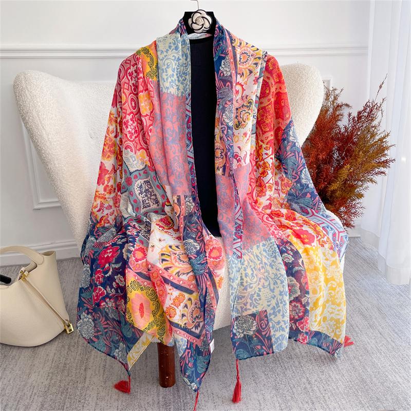 

Luxury Ethnic Style Cotton Scarf for Women Floral Tassel Headscarf shawl Linen Travel Handkerchief Wrap Ventilate Muslim Hijab 90X180CM