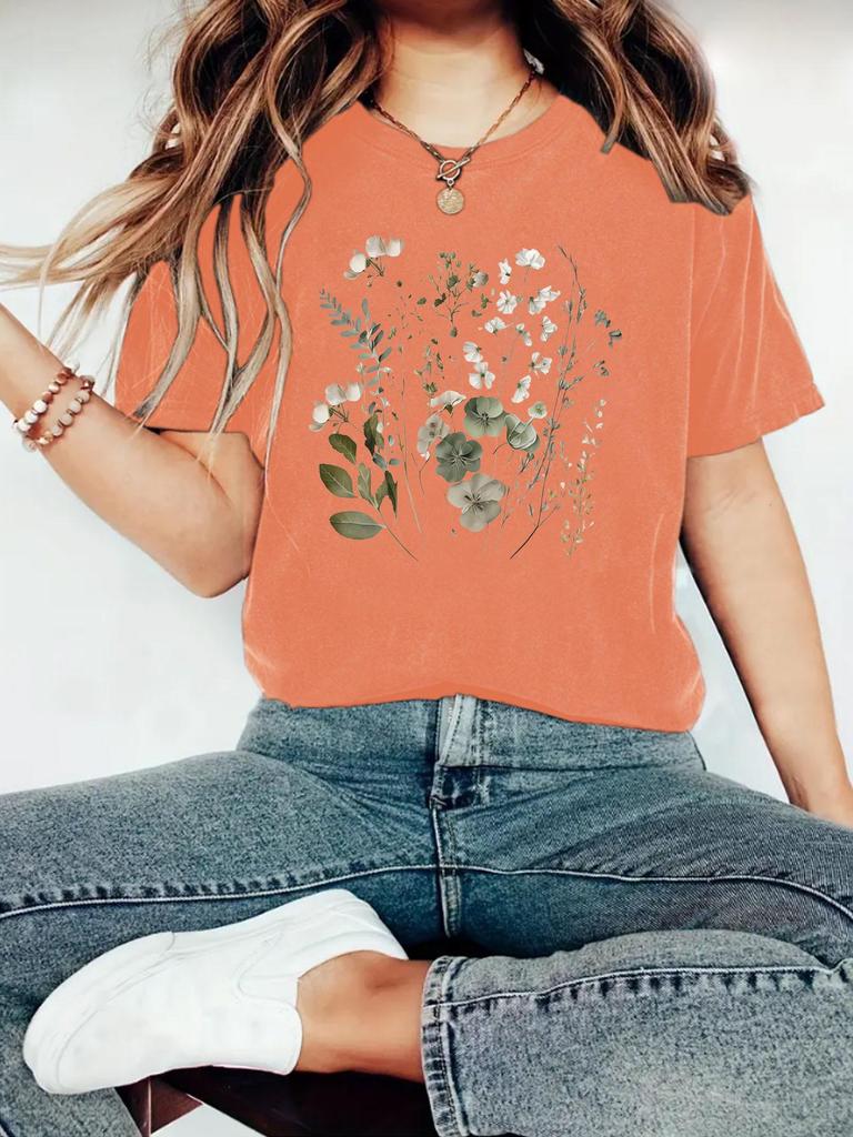 Damen Sommer T-Shirt mit Blumenmuster, Rundhalsausschnitt, kurzen Ärmeln