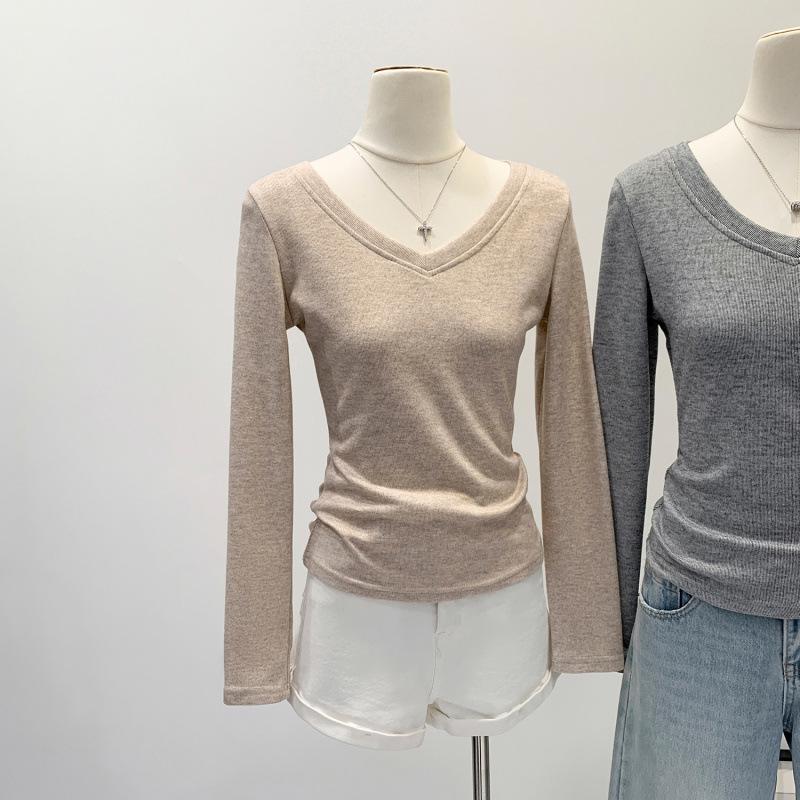 Women s Gray Slim-Fit V-Neck Long-Sleeve Base Layer T-Shirt, Autumn/Winter 2026 New Cinched-Waist Style XL