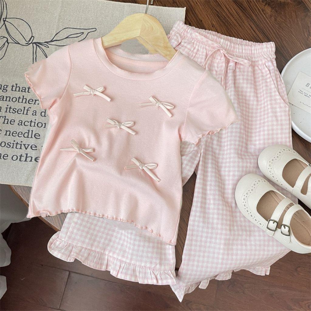 Girls Summer Outfit Bow Short Sleeve T Shirt And Plaid Ruffle Wide Leg Pants Two Piece Set For Kids
