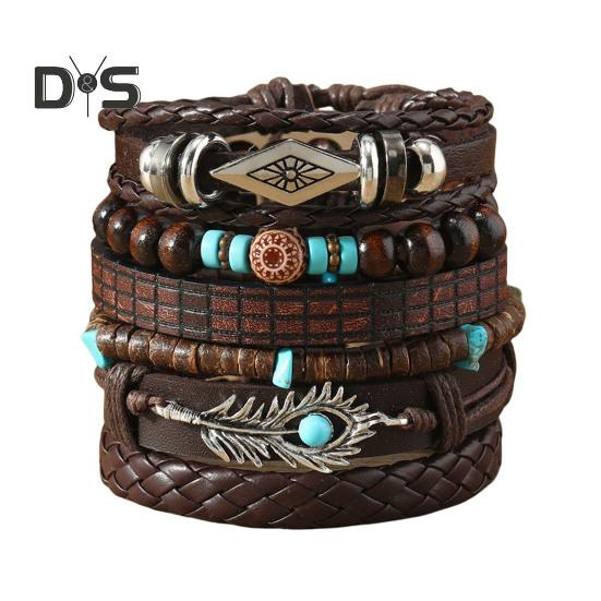 

6 шт. плетеный браслет набор разных форм деревянные бусины декор павлинье перо кулон ретро этнический стиль искусственный бирюзовый камень браслет на запястье 6pcs