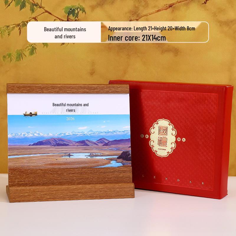 2026 Creative Wooden Desk Calendar Set: Chinese Style Monthly Calendar with Stand and Gift Box