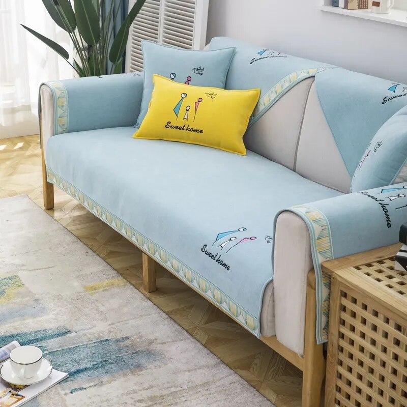 Chenille Dolphin Embroidered Sofa Towel Universal Sectional Solid Color Sofa Cover Modern Anti-slip Couch Cover for Living Room