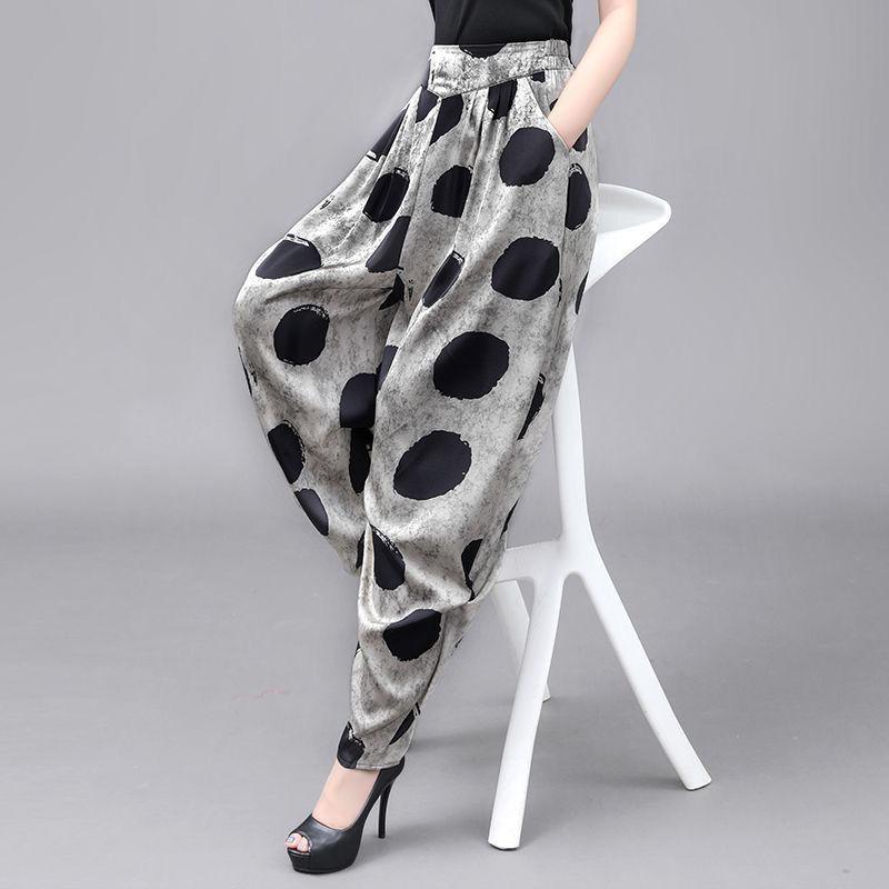 Original Vintage Ethnic Style Spring New Elastic High Waisted Haren Pants Women's Printed Dot Patchwork Pockets Casual Trousers
