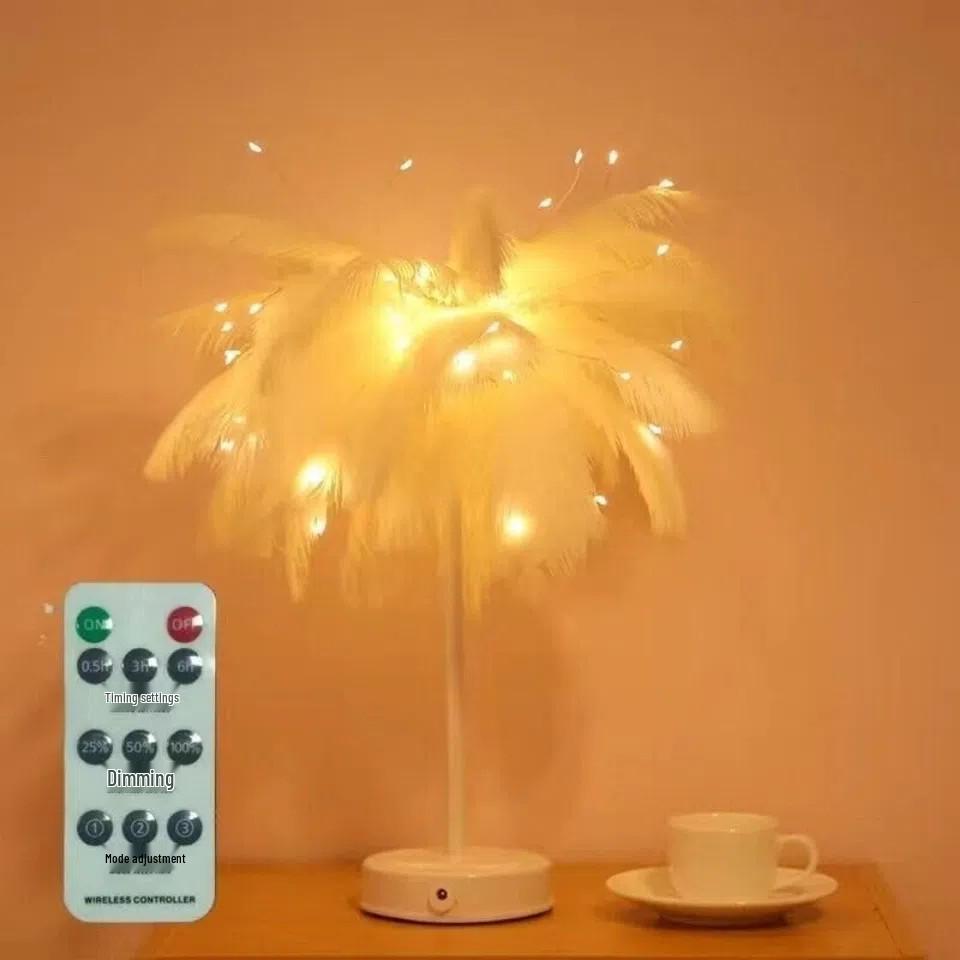 Ostrich Feather Bedside Lamp – Warm Decorative Light for Bedroom or Wedding Room