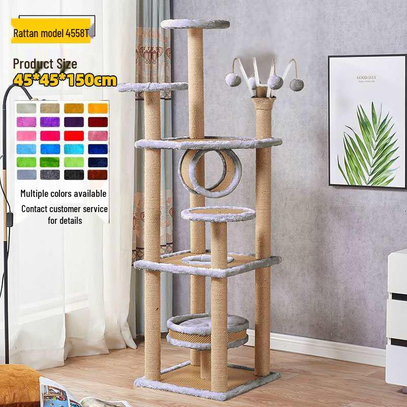 Multifunctional Rattan Cat Tree with Sisal Posts, Velvet Mats, Climbing Platform, Scratch Boards, and Cozy Nest for All Seasons