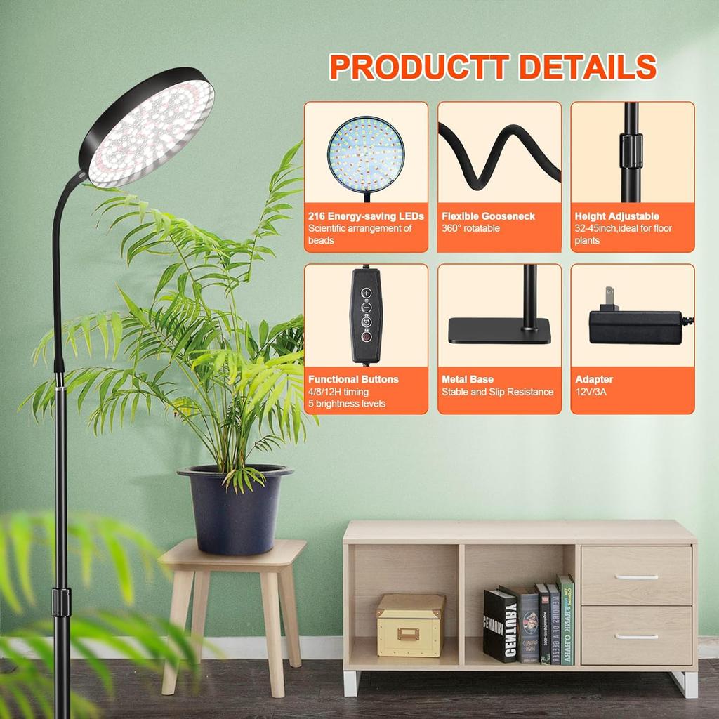 Xiaomi Grow Lights for Plants Full Spectrum Floor Plant Growing Lamp Large Plants Auto ON/Off Timer 5 Dimmable Levels  Adjustable Heigt