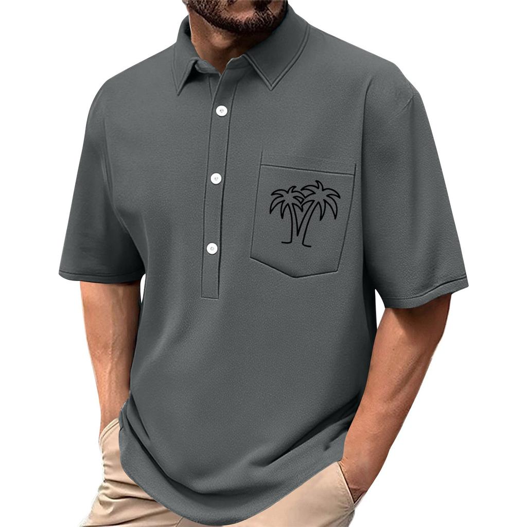 Men's Summer Solid Color Print Four-sided Stretch Lapel Button Pocket Shirt Casual Sports Short-sleeved Top