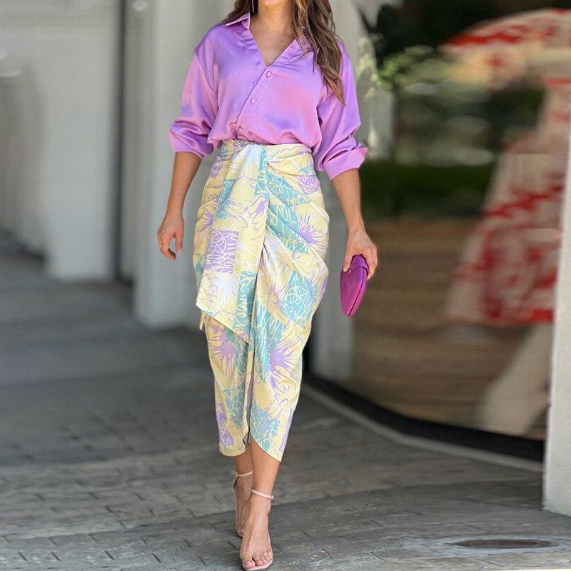 Autumn 2026 European-American Color Block Print Vest & High Waist Split Long Skirt Set 661